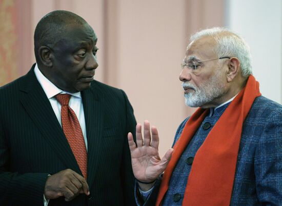 South African President Cyril Ramaphosa talks to Indian Prime Minister Narendra Modi before an informal dinner and a concert for heads of the delegations at the 16th BRICS summit in Kazan, Republic of Tatarstan, Russia. Location: Russia, Kazan. Author: Mikhail Metzel/Sputnik. 16th BRICS Summit. Informal lunch for the heads of BRICS delegations