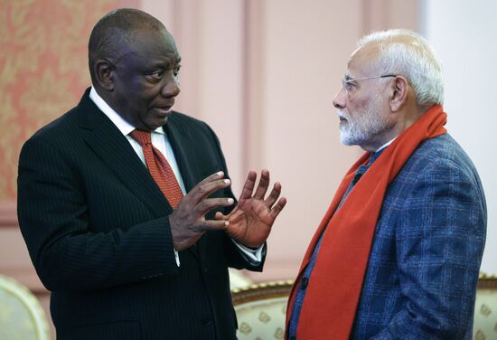 South African President Cyril Ramaphosa talks to Indian Prime Minister Narendra Modi before an informal dinner and a concert for heads of the delegations at the 16th BRICS summit in Kazan, Republic of Tatarstan, Russia. Location: Russia, Kazan. Author: Mikhail Metzel/Sputnik. 16th BRICS Summit. Informal lunch for the heads of BRICS delegations