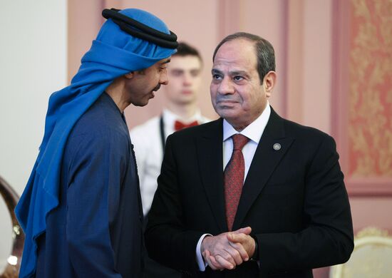 United Arab Emirates President Sheikh Mohamed bin Zayed Al Nahyan and Egyptian President Abdel Fattah El-Sisi wait before an informal dinner and a concert for heads of the delegations at the 16th BRICS summit in Kazan, Republic of Tatarstan, Russia. Location: Russia, Kazan. Author: Mikhail Metzel/Sputnik. 16th BRICS Summit. Informal lunch for the heads of BRICS delegations
