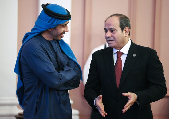United Arab Emirates President Sheikh Mohamed bin Zayed Al Nahyan, left, and Egyptian President Abdel Fattah El-Sisi wait before an informal dinner and a concert for heads of the delegations at the 16th BRICS summit in Kazan, Republic of Tatarstan, Russia. Location: Russia, Republic of Tatarstan, Kazan. Author: Mikhail Metzel/Sputnik. 16th BRICS Summit. Informal lunch for the heads of BRICS delegations