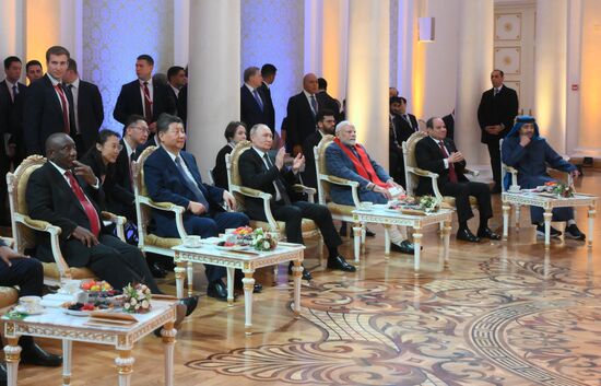 From left: President of South Africa Cyril Ramaphosa, President of China Xi Jinping, President of Russia Vladimir Putin, Prime Minister of India Narendra Modi, President of Egypt Abdel Fattah el-Sisi and UAE Foreign Minister Sheikh Abdullah bin Zayed Al Nahyan during a concert ahead of an informal lunch for the heads of BRICS delegations held as part of the 16th BRICS summit in Kazan. Location: Russia, Republic of Tatarstan, Kazan. Author: Alexey Nikolskiy. 16th BRICS Summit. Informal lunch for the heads of BRICS delegations