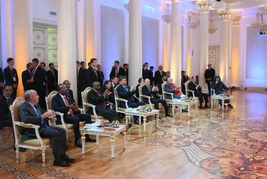 From left: Foreign Minister of Brazil Mauro Vieira, Prime Minister of Ethiopia Abiy Ahmed Ali, President of South Africa Cyril Ramaphosa, President of China Xi Jinping, President of Russia Vladimir Putin, Prime Minister of India Narendra Modi, President of Egypt Abdel Fattah el-Sisi and UAE Foreign Minister Sheikh Abdullah bin Zayed Al Nahyan during a concert ahead of an informal lunch for the heads of BRICS delegations held as part of the 16th BRICS summit in Kazan. Location: Russia, Republic of Tatarstan, Kazan. Author: Alexey Nikolskiy. 16th BRICS Summit. Informal lunch for the heads of BRICS delegations