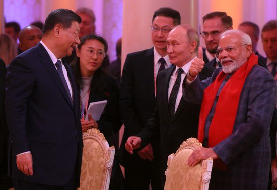 From left: President of China Xi Jinping, President of Russia Vladimir Putin, and Prime Minister of India Narendra Modi during a concert ahead of an informal lunch for the heads of BRICS delegations held as part of the 16th BRICS summit in Kazan. Location: Russia, Republic of Tatarstan, Kazan. Author: Alexandr Kryazhev. 16th BRICS Summit. Informal lunch for the heads of BRICS delegations
