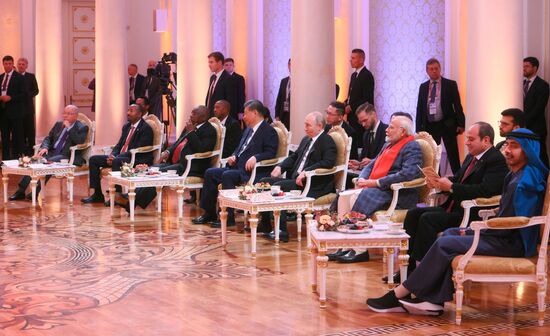 From left: Foreign Minister of Brazil Mauro Vieira, Prime Minister of Ethiopia Abiy Ahmed Ali, President of South Africa Cyril Ramaphosa, President of China Xi Jinping, President of Russia Vladimir Putin, Prime Minister of India Narendra Modi, President of Egypt Abdel Fattah el-Sisi and UAE Foreign Minister Sheikh Abdullah bin Zayed Al Nahyan during a concert ahead of an informal lunch for the heads of BRICS delegations held as part of the 16th BRICS summit in Kazan. Location: Russia, Republic of Tatarstan, Kazan. Author: Alexandr Kryazhev. 16th BRICS Summit. Informal lunch for the heads of BRICS delegations