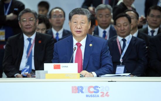 President of China Xi Jinping during an expanded meeting of BRICS leaders during the 16th BRICS summit in Kazan. Location: Russia, Republic of Tatarstan, Kazan. Author: Grigory Sysoev. 16th BRICS summit. Expanded meeting of BRICS heads of delegation