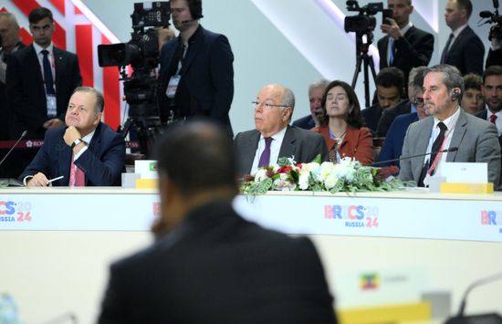 Foreign Minister of Brazil Mauro Vieira, center, during an expanded meeting of BRICS leaders during the 16th BRICS summit in Kazan. Location: Russia, Republic of Tatarstan, Kazan. Author: Stanislav Krasilnikov. 16th BRICS summit. Expanded meeting of BRICS heads of delegation