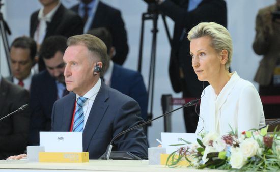 Chairman of the VEB.RF State Development Corporation Igor Shuvalov and Chair of the Russian part of the BRICS Women's Business Alliance Anna Nesterova during an expanded meeting of BRICS leaders during the 16th BRICS summit in Kazan. Location: Russia, Republic of Tatarstan, Kazan. Author: Stanislav Krasilnikov. 16th BRICS summit. Expanded meeting of BRICS heads of delegation