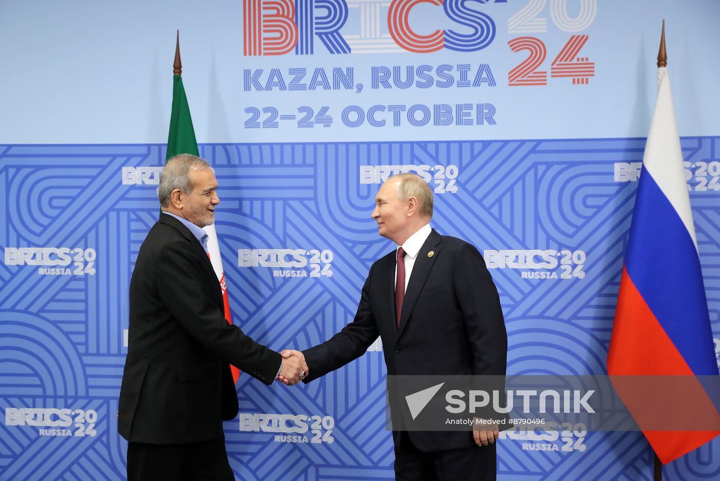 16th BRICS Summit. President of Russia Vladimir Putin meets with President of Iran Masoud Pezeshkian