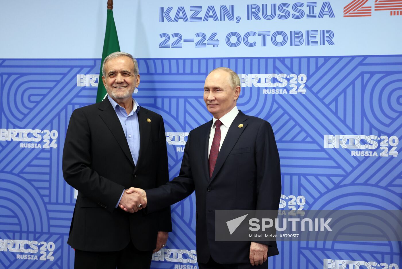 16th BRICS Summit. President of Russia Vladimir Putin meets with President of Iran Masoud Pezeshkian