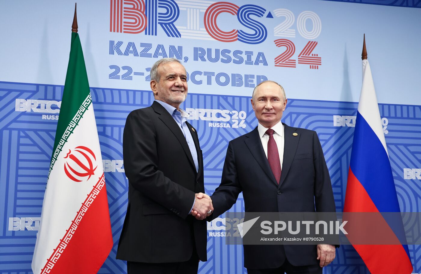 16th BRICS Summit. President of Russia Vladimir Putin meets with President of Iran Masoud Pezeshkian