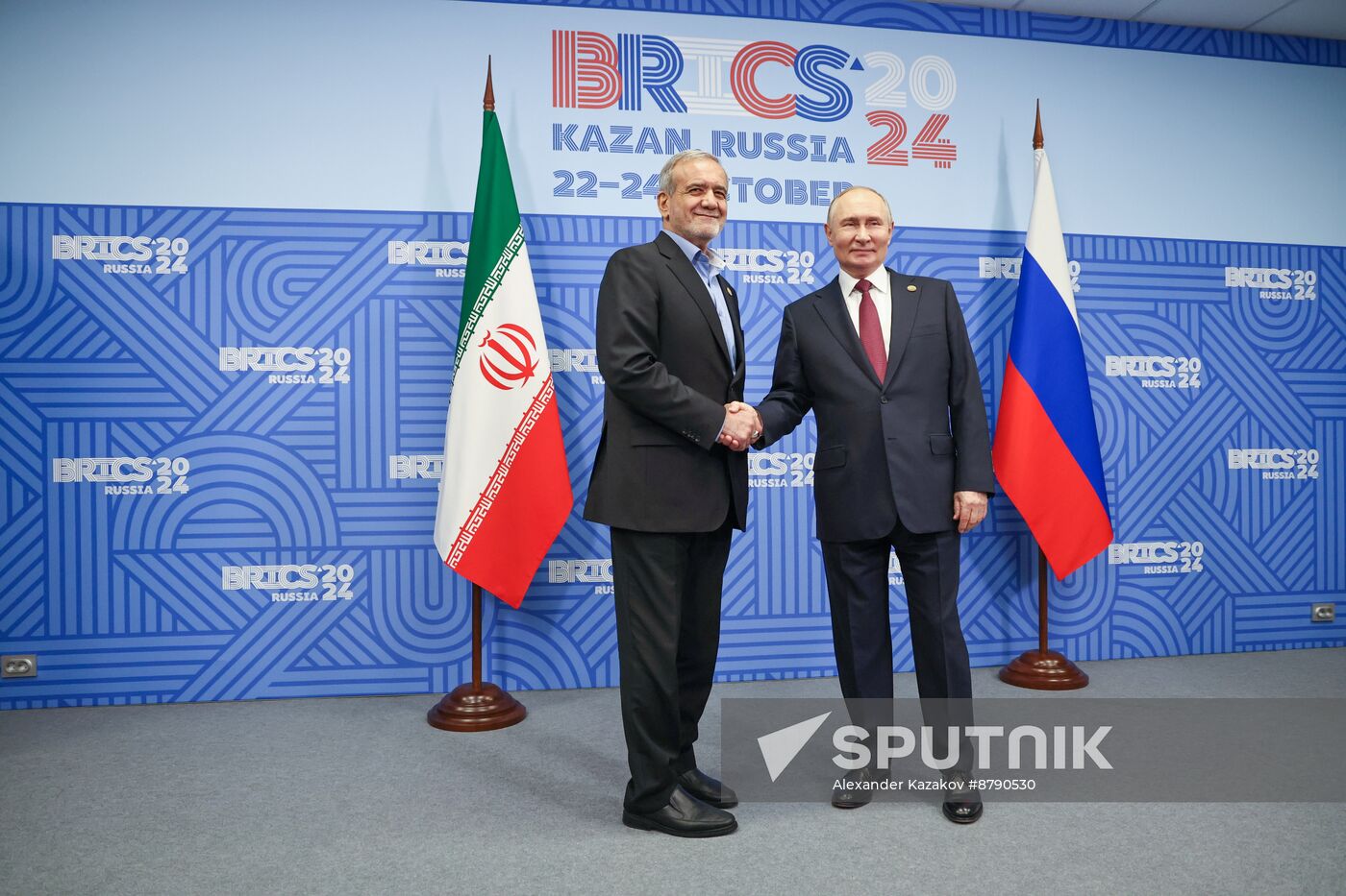 16th BRICS Summit. President of Russia Vladimir Putin meets with President of Iran Masoud Pezeshkian