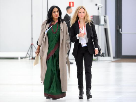 Left: Secretary to the Ministry of Foreign Affairs of Sri Lanka Aruni Wijewardane during the arrival of delegations at Kazan Expo to attend the 16th BRICS summit. Location: Russia, Republic of Tatarstan, Kazan. Author: Maksim Bogodvid. 16th BRICS summit. Arrival of participants in Outreach/BRICS Plus meeting