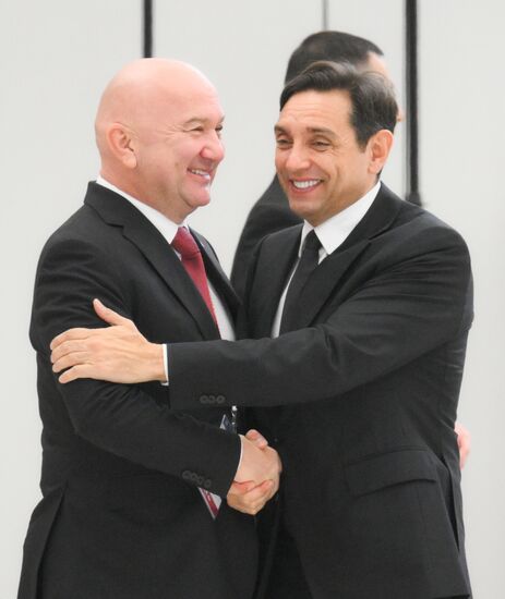 Serbian Minister Nenad Popovic, left, and Deputy Prime Minister of Serbia Aleksandar Vulin during the arrival of delegations at Kazan Expo to attend the 16th BRICS summit. Location: Russia, Republic of Tatarstan, Kazan. Author: Maksim Bogodvid. 16th BRICS summit. Arrival of participants in Outreach/BRICS Plus meeting