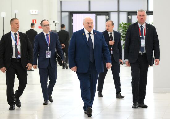 Center: President of Belarus Alexander Lukashenko during the arrival of delegations at Kazan Expo to attend the 16th BRICS summit. Location: Russia, Republic of Tatarstan, Kazan. Author: Maksim Bogodvid. 16th BRICS summit. Arrival of participants in Outreach/BRICS Plus meeting