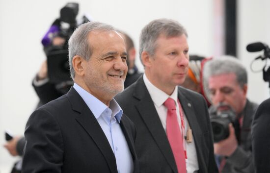 President of Iran Masoud Pezeshkian during the arrival of delegations at Kazan Expo to attend the 16th BRICS summit. Location: Russia, Republic of Tatarstan, Kazan. Author: Maksim Bogodvid. 16th BRICS summit. Arrival of participants in Outreach/BRICS Plus meeting