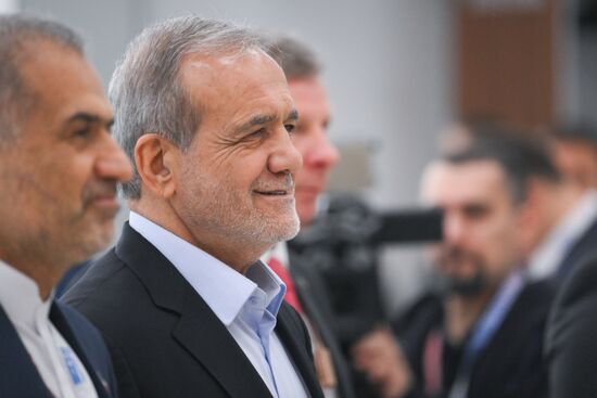 President of Iran Masoud Pezeshkian during the arrival of delegations at Kazan Expo to attend the 16th BRICS summit. Location: Russia, Republic of Tatarstan, Kazan. Author: Maksim Bogodvid. 16th BRICS summit. Arrival of participants in Outreach/BRICS Plus meeting