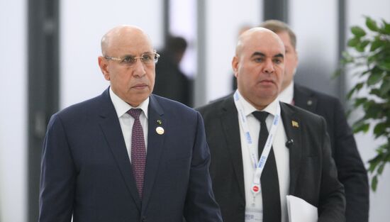 President of Mauritania Mohamed Ould Ghazouani, left, during the arrival of delegations at Kazan Expo to attend the 16th BRICS summit. Location: Russia, Republic of Tatarstan, Kazan. Author: Maksim Bogodvid. 16th BRICS summit. Arrival of participants in Outreach/BRICS Plus meeting