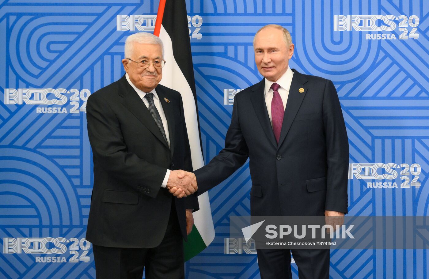 16th BRICS Summit. Meeting of President of Russia Vladimir Putin with President of Palestine Mahmoud Abbas