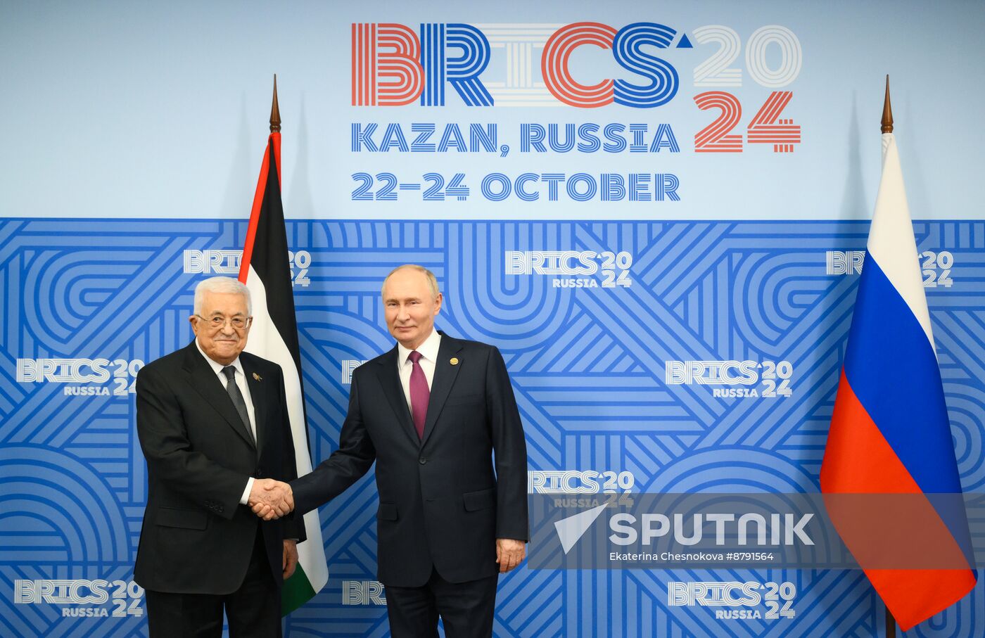 16th BRICS Summit. Meeting of President of Russia Vladimir Putin with President of Palestine Mahmoud Abbas