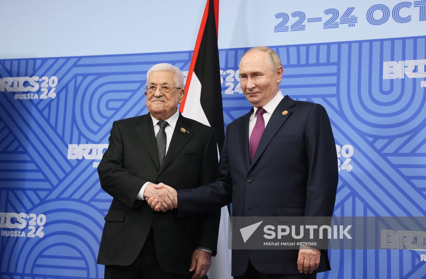 16th BRICS Summit. Meeting of President of Russia Vladimir Putin with President of Palestine Mahmoud Abbas