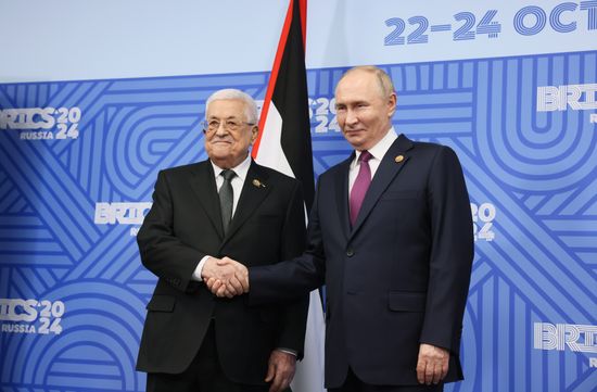 16th BRICS Summit. Meeting of President of Russia Vladimir Putin with President of Palestine Mahmoud Abbas