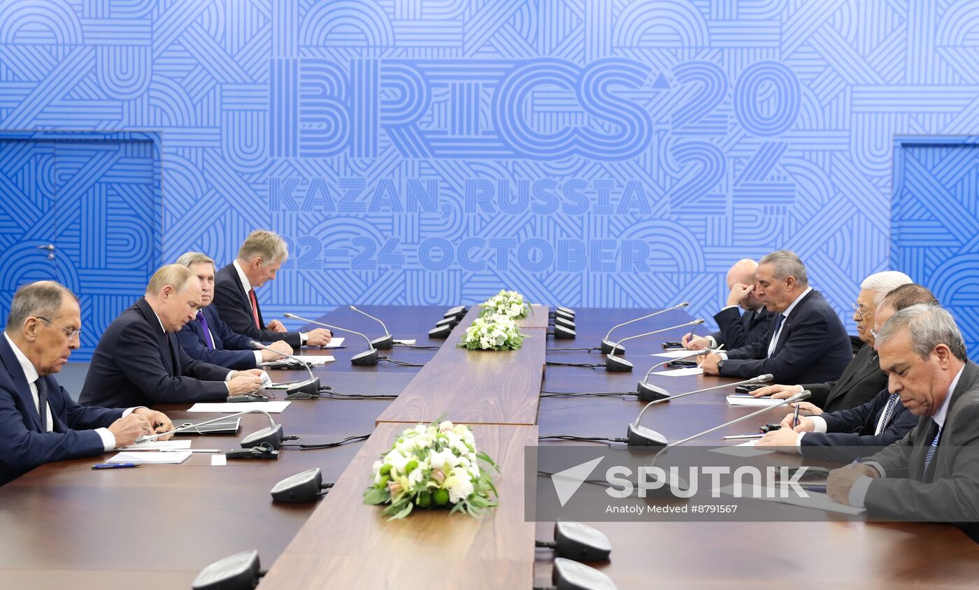 16th BRICS Summit. Meeting of President of Russia Vladimir Putin with President of Palestine Mahmoud Abbas