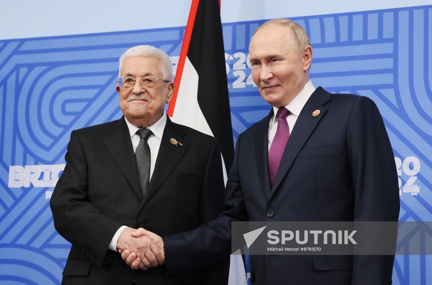 16th BRICS Summit. Meeting of President of Russia Vladimir Putin with President of Palestine Mahmoud Abbas