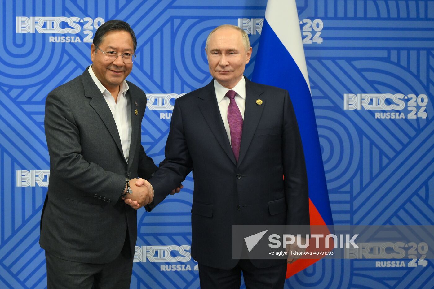 16th BRICS Summit. Meeting of President of Russia Vladimir Putin with President of Bolivia Luis Alberto Arce Catacora