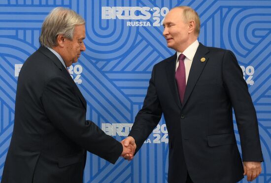 16th BRICS Summit. President of Russia Vladimir Putin meets with UN Secretary-General Antonio Guterres