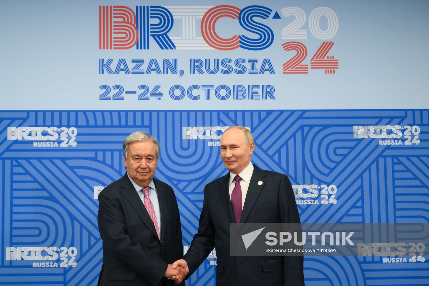 16th BRICS Summit. President of Russia Vladimir Putin meets with UN Secretary-General Antonio Guterres