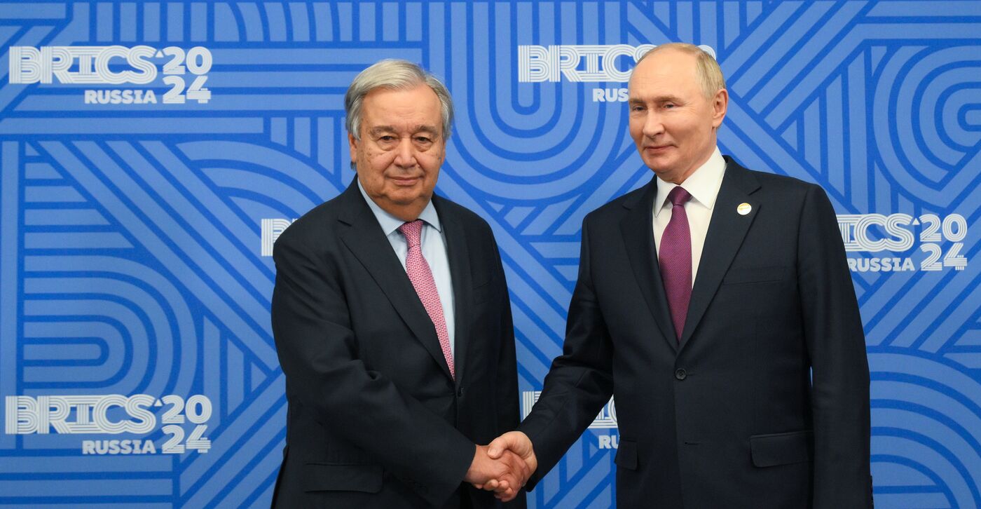 16th BRICS Summit. President of Russia Vladimir Putin meets with UN Secretary-General Antonio Guterres