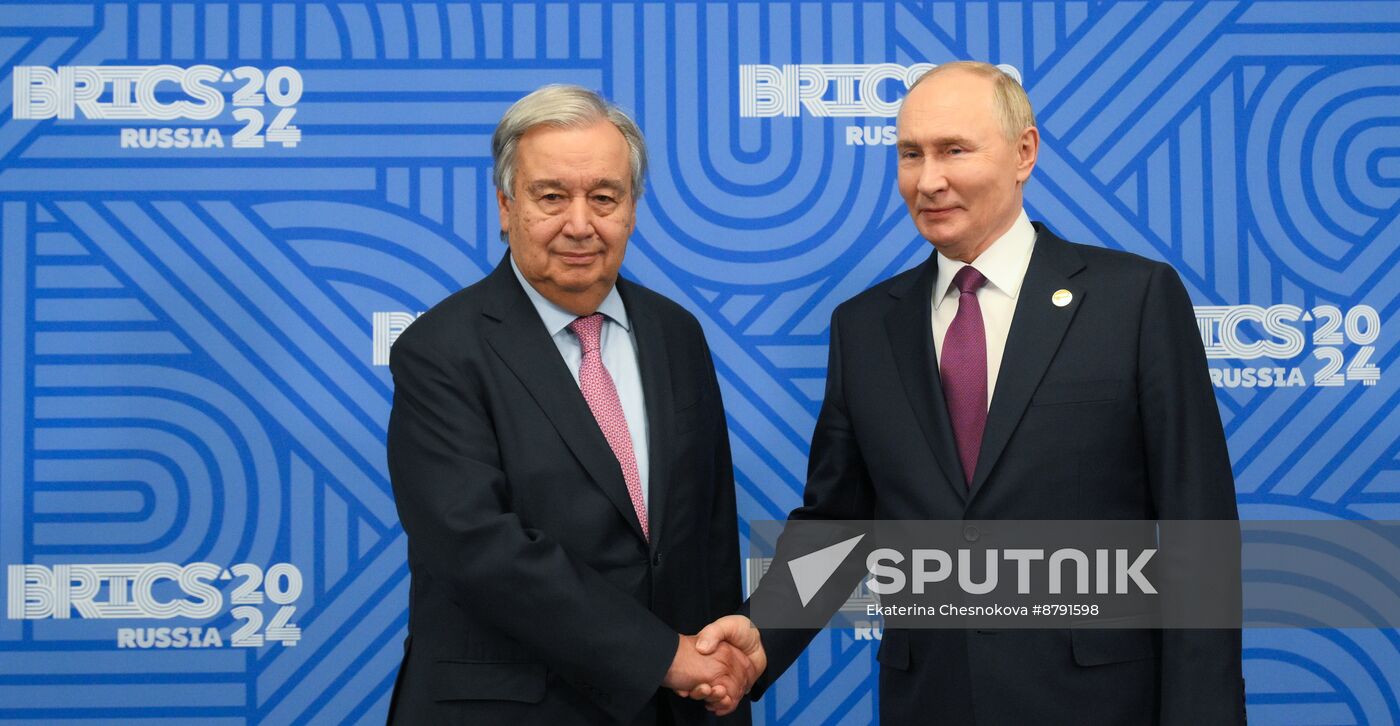 16th BRICS Summit. President of Russia Vladimir Putin meets with UN Secretary-General Antonio Guterres