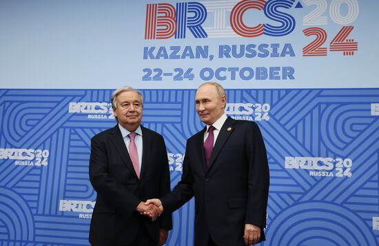 16th BRICS Summit. President of Russia Vladimir Putin meets with UN Secretary-General Antonio Guterres