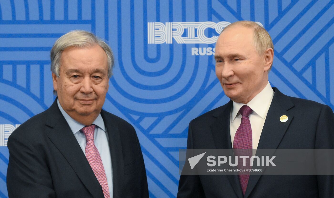 16th BRICS Summit. President of Russia Vladimir Putin meets with UN Secretary-General Antonio Guterres