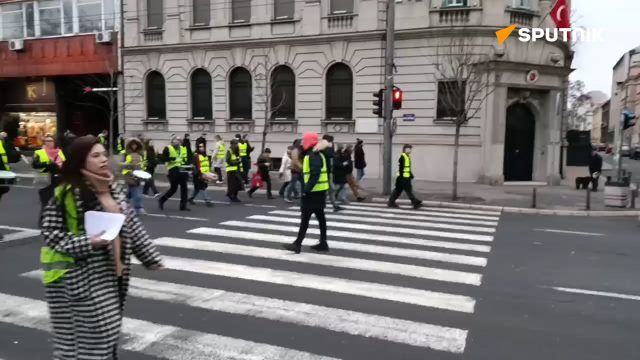 Students demonstrating in front of the Serbian Education Ministry building in Belgrade