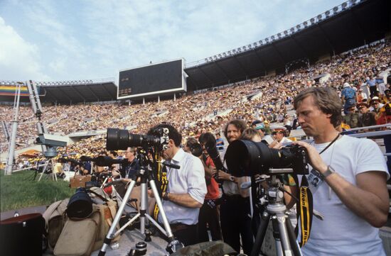 Photojournalists working at Lenin Stadium in Luzhniki