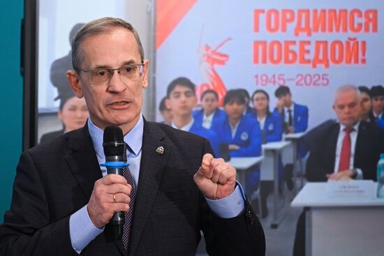 Scientific Director of the Russian Military Historical Society Mikhail Myagkov at the Great Victory Global School Olympiad held at Secondary School No. 281 in Moscow. Location: Russia, Moscow. Author: Ramil Sitdikov/Sputnik. Great Victory Global School Olympiad