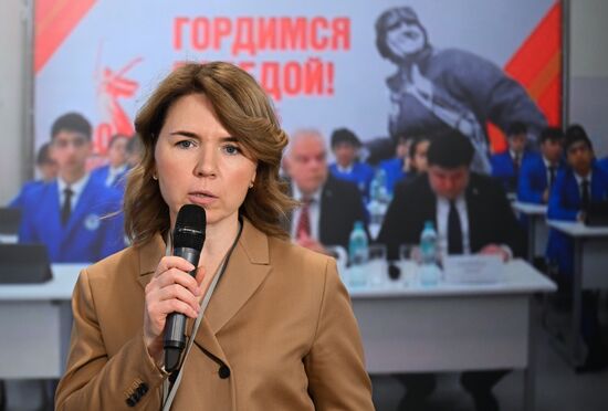 Principal of Secondary School No. 281 Tatyana Shishkina at the Great Victory Global School Olympiad in Moscow. Location: Russia, Moscow. Author: Ramil Sitdikov/Sputnik. Great Victory Global School Olympiad