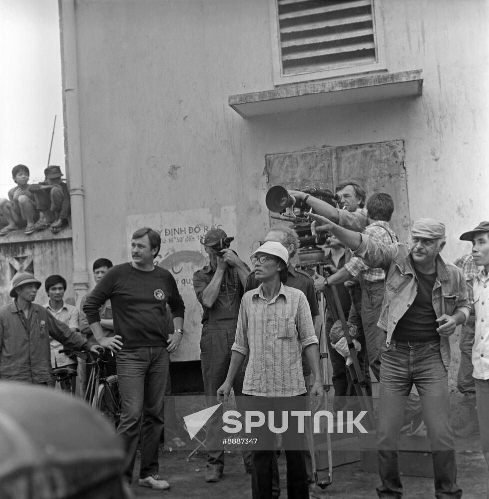 Actors and crew on set of film Coordinates of Death