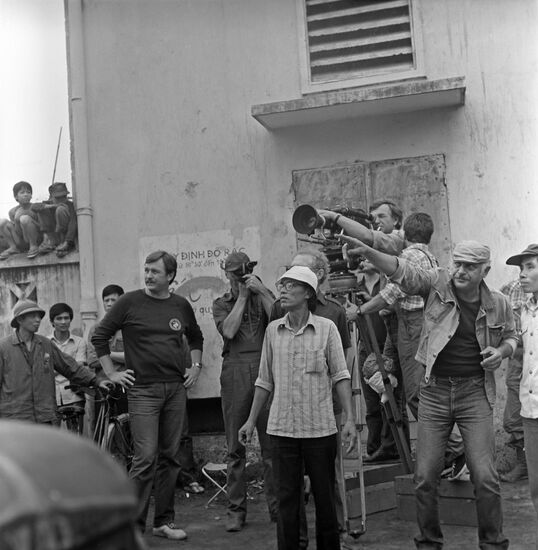 Actors and crew on set of film Coordinates of Death