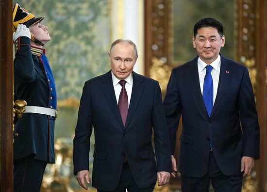 May 7, 2025. President of Russia Vladimir Putin and President of Mongolia Ukhnaagiin Khurelsukh during their meeting. Location: Russia, Moscow. Author: Sergey Bobylev/Sputnik. President of Russia Vladimir Putin meets with President of Mongolia Ukhnaagiin Khurelsukh