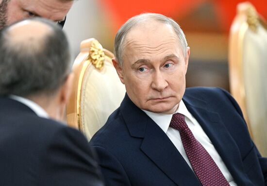 May 7, 2025. President of Russia Vladimir Putin during his meeting with President of Mongolia Ukhnaagiin Khurelsukh. Location: Russia, Moscow. Author: Sergey Bobylev/Sputnik. President of Russia Vladimir Putin meets with President of Mongolia Ukhnaagiin Khurelsukh