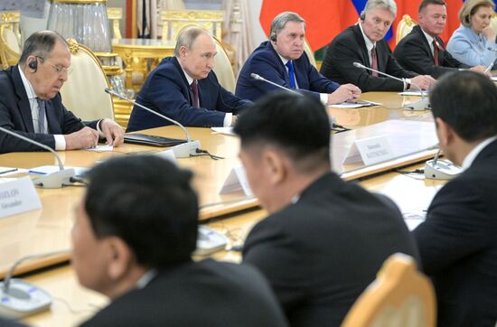 May 7, 2025. President of Russia Vladimir Putin during his meeting with President of Mongolia Ukhnaagiin Khurelsukh. Location: Russia, Moscow. Author: Alexey Nikolskiy/Sputnik. President of Russia Vladimir Putin meets with President of Mongolia Ukhnaagiin Khurelsukh