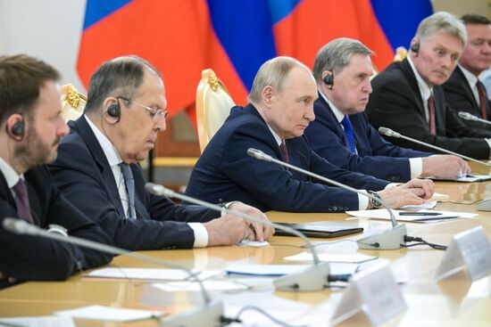 May 7, 2025. President of Russia Vladimir Putin during his meeting with President of Mongolia Ukhnaagiin Khurelsukh. Location: Russia, Moscow. Author: Alexey Nikolskiy/Sputnik. President of Russia Vladimir Putin meets with President of Mongolia Ukhnaagiin Khurelsukh
