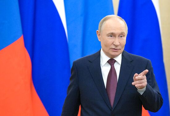 May 7, 2025. President of Russia Vladimir Putin during his meeting with President of Mongolia Ukhnaagiin Khurelsukh. Location: Russia, Moscow. Author: Alexey Nikolskiy/Sputnik. President of Russia Vladimir Putin meets with President of Mongolia Ukhnaagiin Khurelsukh