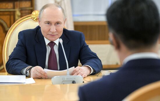 May 7, 2025. President of Russia Vladimir Putin during his meeting with President of Mongolia Ukhnaagiin Khurelsukh. Location: Russia, Moscow. Author: Alexey Nikolskiy/Sputnik. President of Russia Vladimir Putin meets with President of Mongolia Ukhnaagiin Khurelsukh