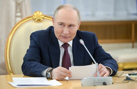 May 7, 2025. President of Russia Vladimir Putin during his meeting with President of Mongolia Ukhnaagiin Khurelsukh. Location: Russia, Moscow. Author: Alexey Nikolskiy/Sputnik. President of Russia Vladimir Putin meets with President of Mongolia Ukhnaagiin Khurelsukh