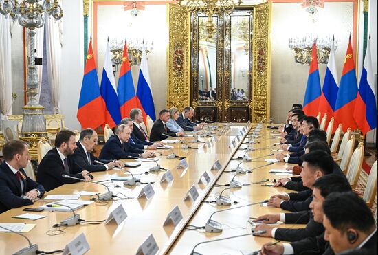 May 7, 2025. President of Russia Vladimir Putin and President of Mongolia Ukhnaagiin Khurelsukh during their meeting. Location: Russia, Moscow. Author: Sergey Bobylev/Sputnik. President of Russia Vladimir Putin meets with President of Mongolia Ukhnaagiin Khurelsukh
