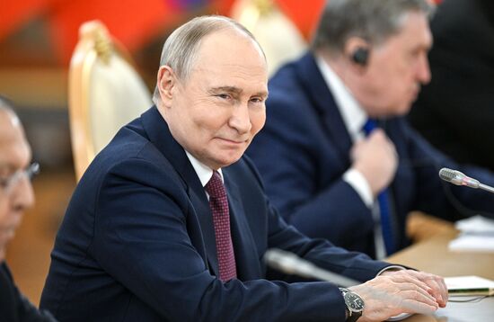 May 7, 2025. President of Russia Vladimir Putin during his meeting with President of Mongolia Ukhnaagiin Khurelsukh. Location: Russia, Moscow. Author: Sergey Bobylev/Sputnik. President of Russia Vladimir Putin meets with President of Mongolia Ukhnaagiin Khurelsukh