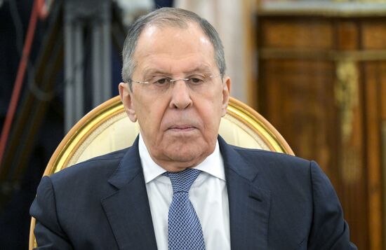 May 7, 2025. Russian Foreign Minister Sergei Lavrov during the meeting between President of Russia Vladimir Putin and President of Mongolia Ukhnaagiin Khurelsukh. Location: Russia, Moscow. Author: Alexey Nikolskiy/Sputnik. President of Russia Vladimir Putin meets with President of Mongolia Ukhnaagiin Khurelsukh